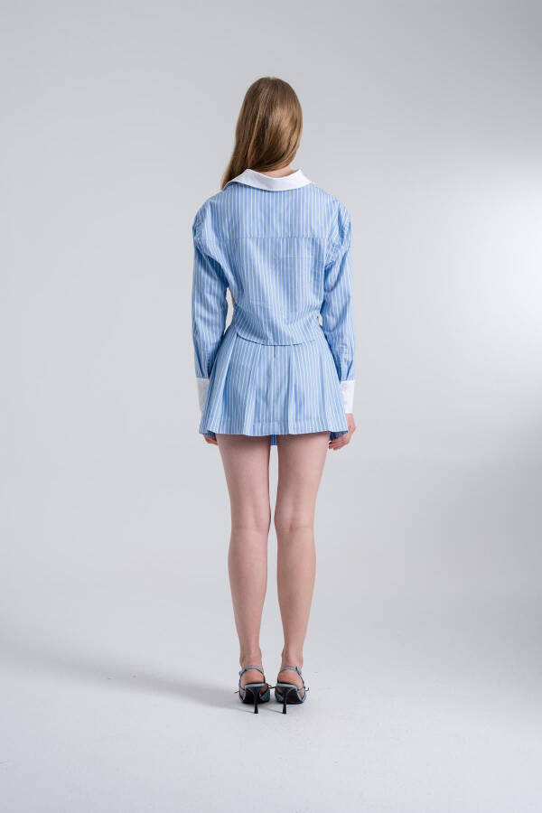 Crop Cut Striped Harmony Poplin Crop Shirt Blue - 4