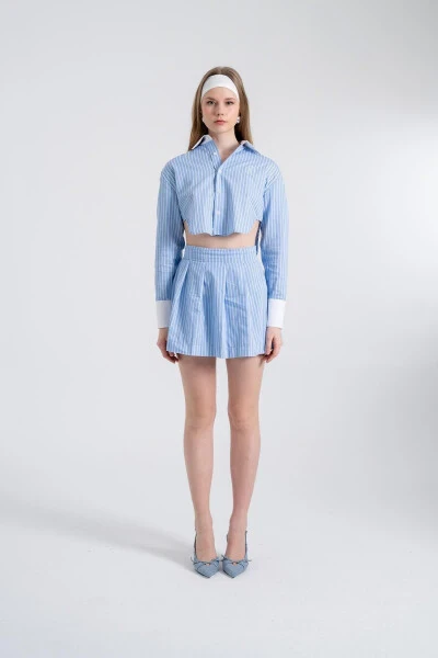Crop Cut Striped Harmony Poplin Crop Shirt Blue - 6