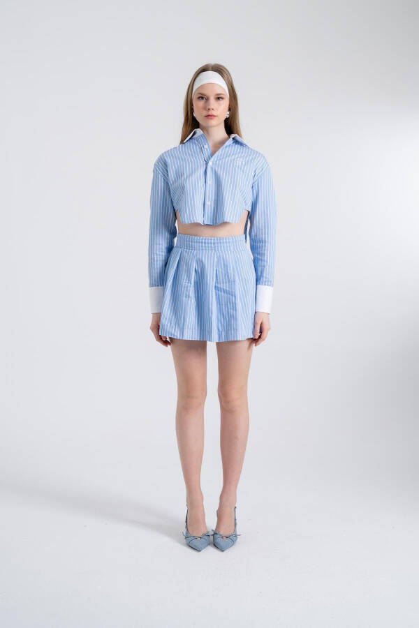 Crop Cut Striped Harmony Poplin Crop Shirt Blue - 6