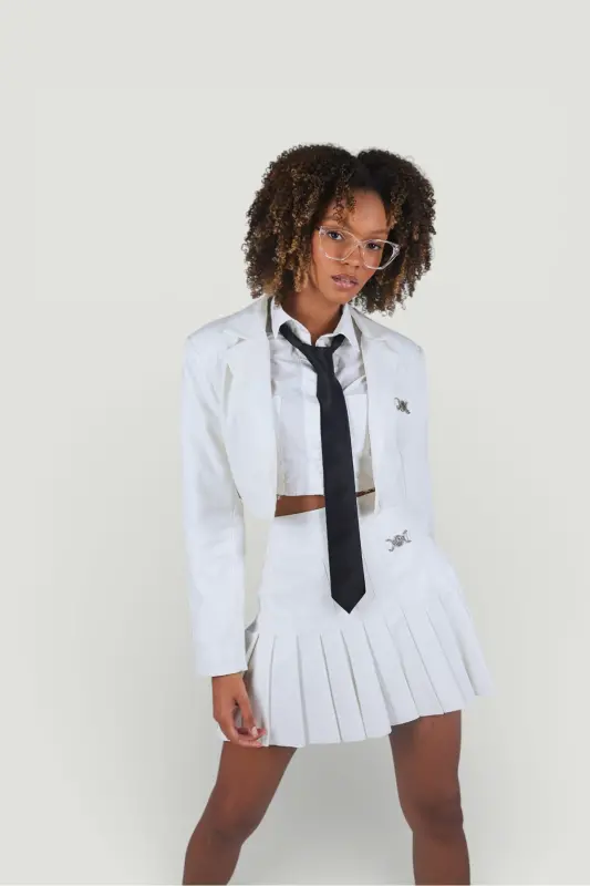 Crop Model Astarlı College Ceket Ekru - 3