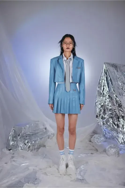 Crop Model Astarlı College Ceket Mavi-Mavi - 2