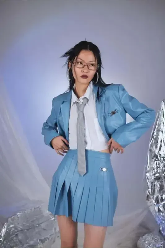 Crop Model Astarlı College Ceket Mavi - HOLLY LOLLY