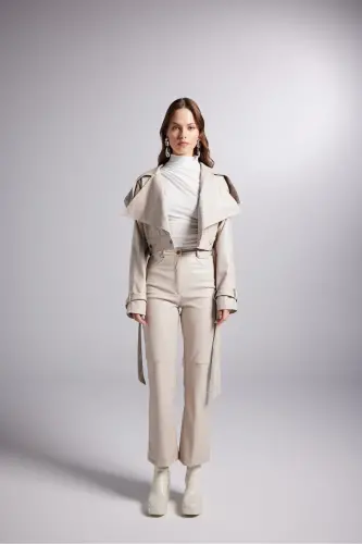 Crop Model Astarlı Kemerli Neeko Deri Ceket Bej-Bej - 4