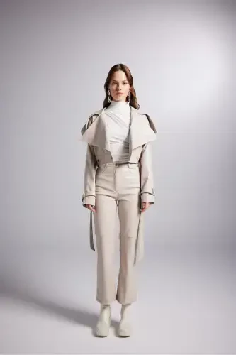 Crop Model Astarlı Kemerli Neeko Deri Ceket Bej - 4