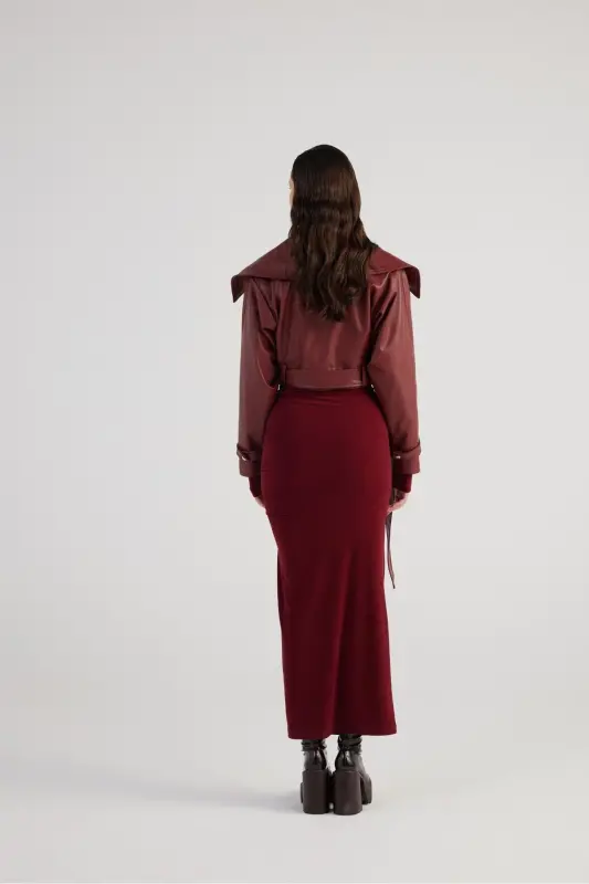 Crop Model Astarlı Kemerli Neeko Deri Ceket Bordo - HOLLY LOLLY