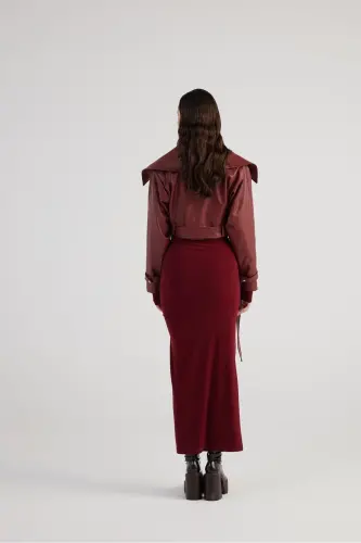Crop Model Astarlı Kemerli Neeko Deri Ceket Bordo 