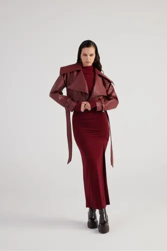 Crop Model Astarlı Kemerli Neeko Deri Ceket Bordo - 3