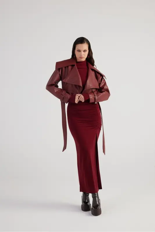 Crop Model Astarlı Kemerli Neeko Deri Ceket Bordo - 3