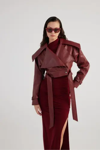 Crop Model Astarlı Kemerli Neeko Deri Ceket Bordo - 5