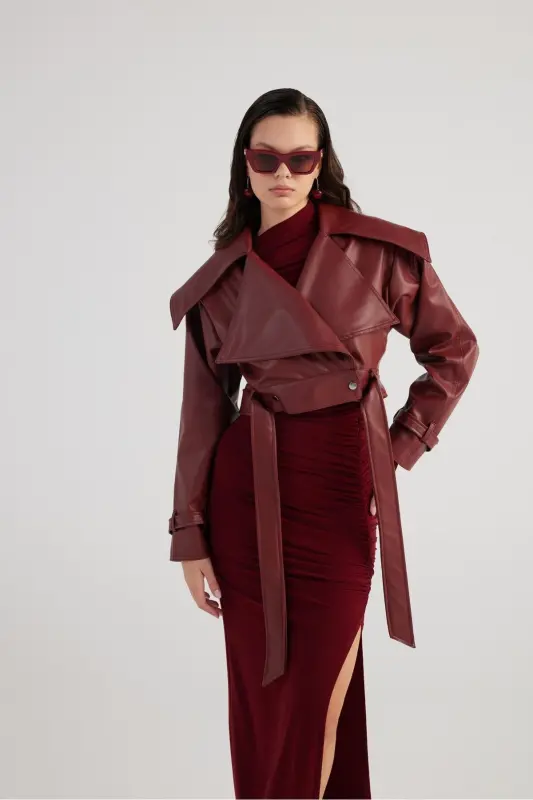 Crop Model Astarlı Kemerli Neeko Deri Ceket Bordo - 5