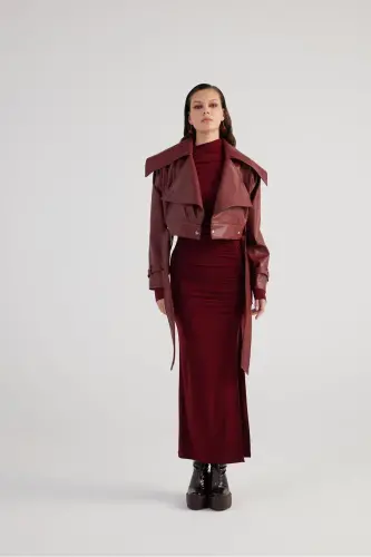 Crop Model Astarlı Kemerli Neeko Deri Ceket Bordo - 6