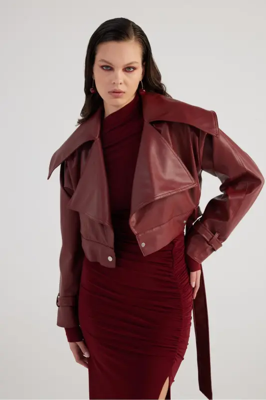 Crop Model Astarlı Kemerli Neeko Deri Ceket Bordo - 7