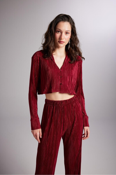 Crop Model Button Closure Comfy Crop Shirt Burgundy 