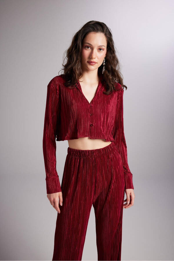 Crop Model Button Closure Comfy Crop Shirt Burgundy - 1