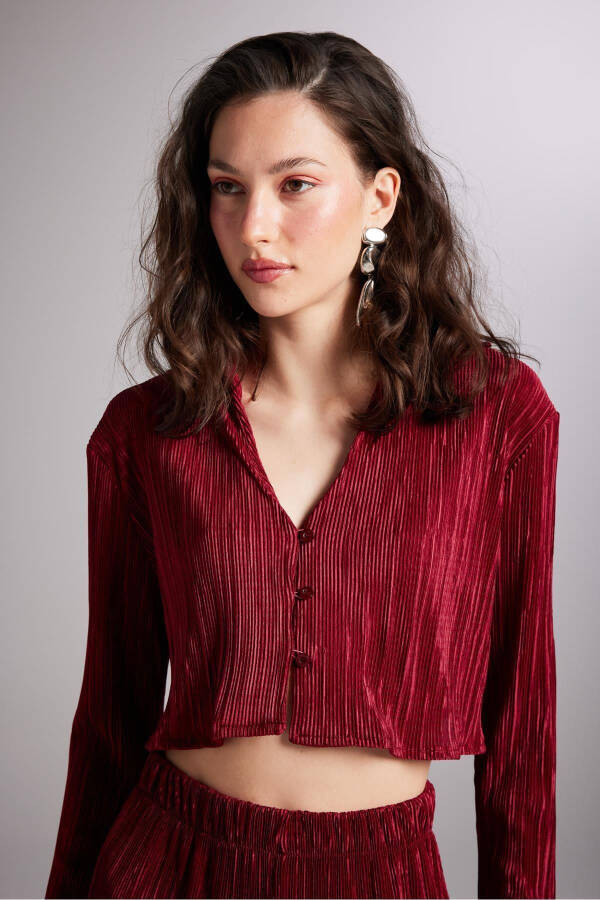 Crop Model Button Closure Comfy Crop Shirt Burgundy - 3