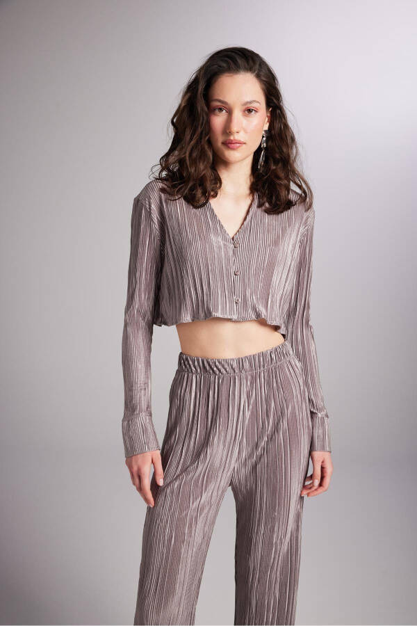 Crop Model Button Closure Comfy Crop Shirt Mocha - 1