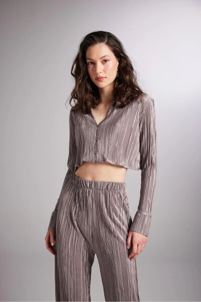 Crop Model Button Closure Comfy Crop Shirt Mocha - 3