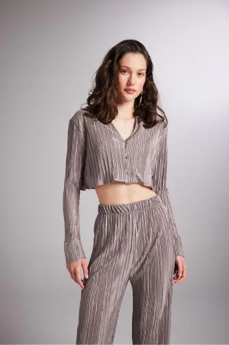 Crop Model Button Closure Comfy Crop Shirt Mocha - 3