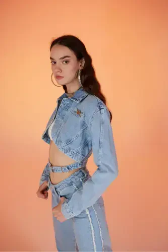 Crop Model Buttoned Belt Detailed Biana Denim Jacket Blue - HOLLY LOLLY (1)