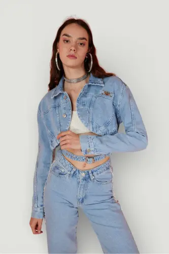 Crop Model Buttoned Belt Detailed Biana Denim Jacket Blue - 4