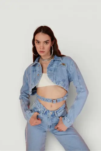 Crop Model Buttoned Belt Detailed Biana Denim Jacket Blue - 6