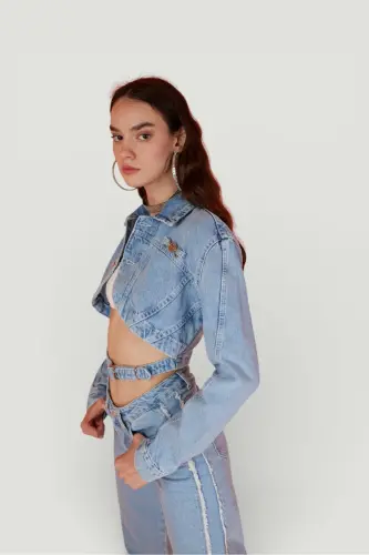 Crop Model Buttoned Belt Detailed Biana Denim Jacket Blue - 3