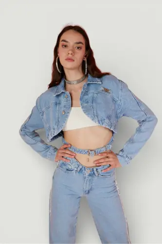 Crop Model Buttoned Belt Detailed Biana Denim Jacket Blue - 4