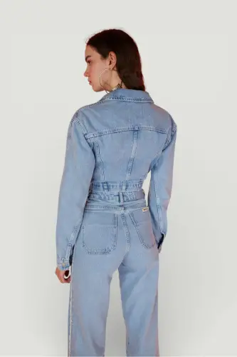 Crop Model Düğme Kapamalı Kemer Detaylı Biana Kot Ceket Mavi - Mavi - 6