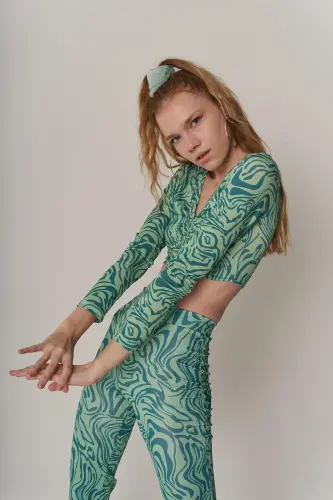 Crop Model Esnek uzun Kol Volera Bluz Yeşil - Yeşil - 1