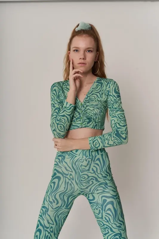 Crop Model Esnek uzun Kol Volera Bluz Yeşil - Yeşil - 3