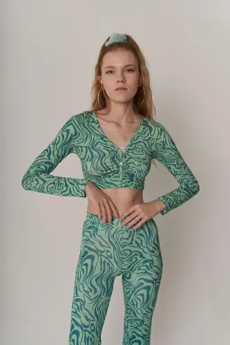 Crop Model Esnek uzun Kol Volera Bluz Yeşil - Yeşil - 5