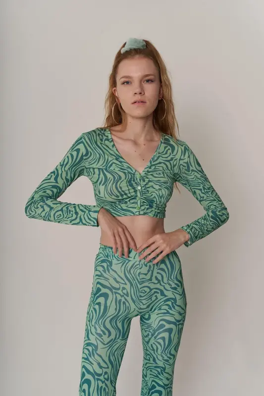 Crop Model Esnek uzun Kol Volera Bluz Yeşil - Yeşil - 5