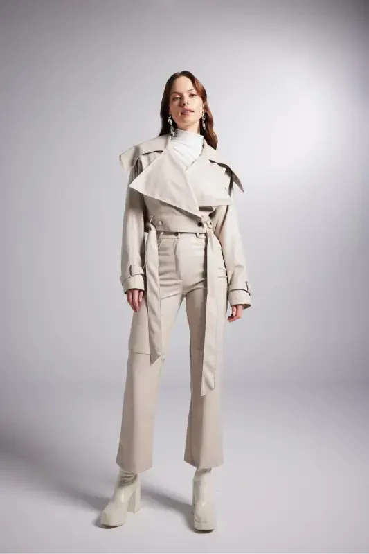 Crop Model Faux Leather Belted Neeko Jacket Beige - 2