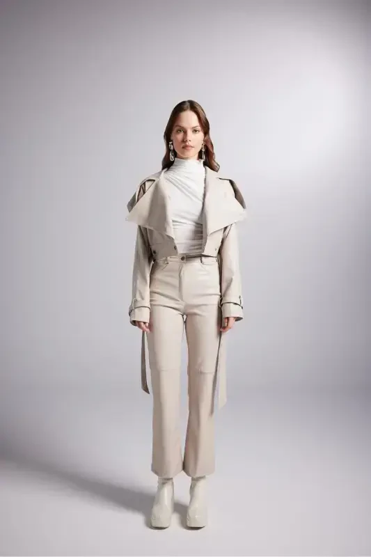 Crop Model Faux Leather Belted Neeko Jacket Beige - 4