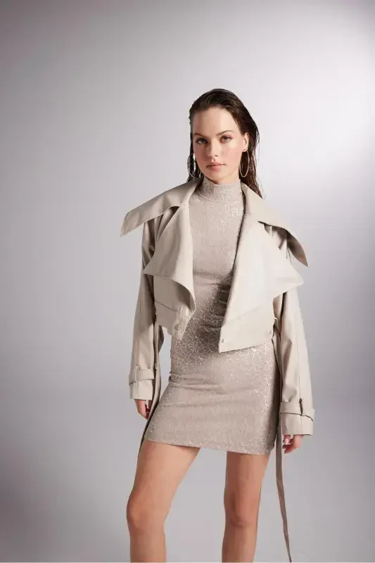 Crop Model Faux Leather Belted Neeko Jacket Beige - 5