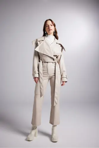 Crop Model Faux Leather Belted Neeko Jacket Beige - 3