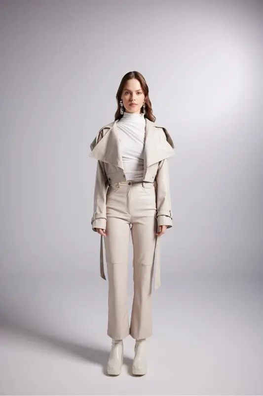 Crop Model Faux Leather Belted Neeko Jacket Beige - 5