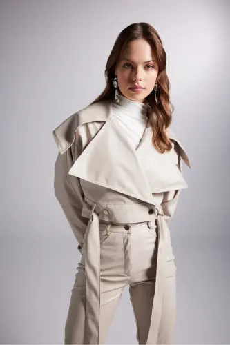 Crop Model Faux Leather Belted Neeko Jacket Beige - 8