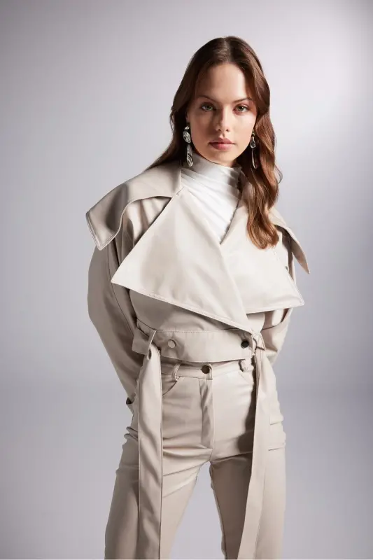 Crop Model Faux Leather Belted Neeko Jacket Beige - 8
