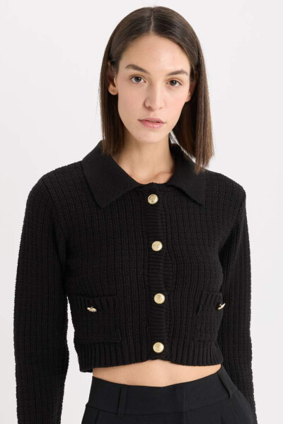 Crop Shirt Collar Buttoned Cardigan Black - 1