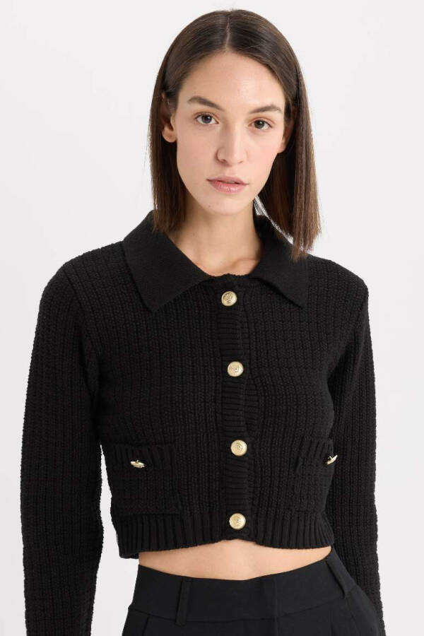 Crop Shirt Collar Buttoned Cardigan Black - 1