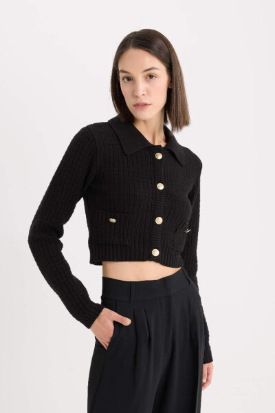 Crop Shirt Collar Buttoned Cardigan Black - 3