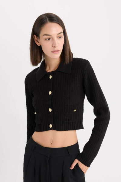 Crop Shirt Collar Buttoned Cardigan Black - 4