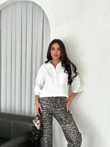 Crop Yakalı Gömlek Üç Çeyrek Sleeve Kol - Beyaz - 3