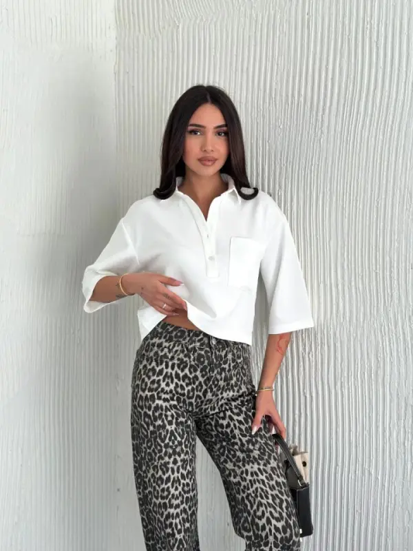 Crop Yakalı Gömlek Üç Çeyrek Sleeve Kol - Beyaz - 4