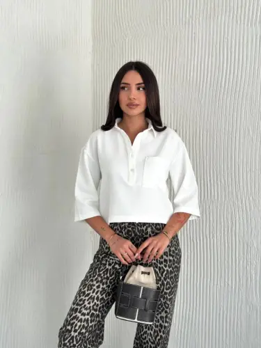 Crop Yakalı Gömlek Üç Çeyrek Sleeve Kol - Beyaz - BÜYÜKBEDENIZ (1)