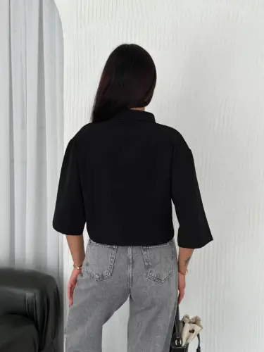 Crop Yakali Ko'ylak Uch Chorak Sleeve Kol - Qora - 3