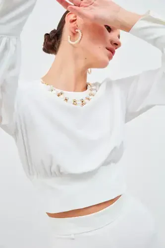 Cropped Blouse with Necklace Detail - Ecru - SATEEN (1)