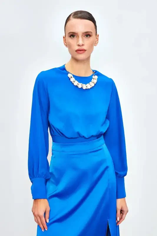 Cropped Blouse with Necklace Detail - SAX BLUE - 5