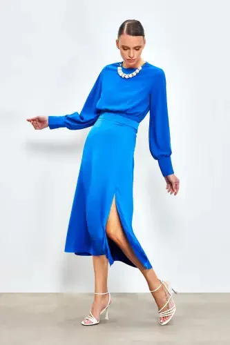 Cropped Blouse with Necklace Detail - SAX BLUE - 6